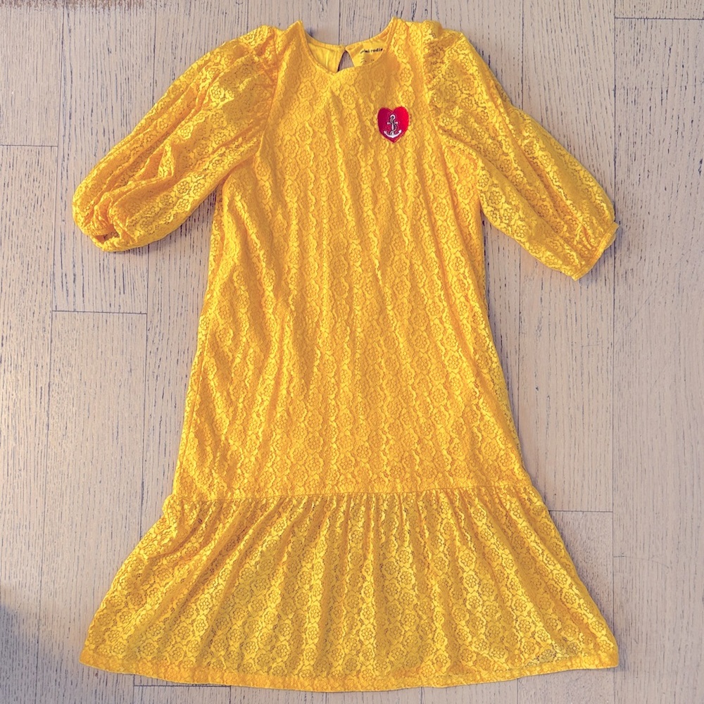 MINI RODINI girls yellow floral lace heart dress, size 7-8